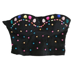Vintage Body Central Womens Black Rhinestone Bustier Top L Y2K Festival Rave